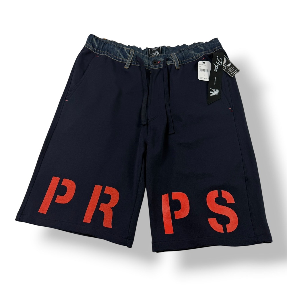 Prps Mens Navy Blue Graphic Logo Sweat Shorts Denim Waist E107P208SH NWT‎ Size L